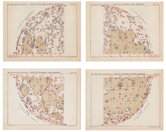 May include: A vintage black and white illustration of a map of the moon divided into four quadrants. Each quadrant is labeled with the name of the quadrant and the corresponding plate number. The map shows the surface features of the moon, including craters, mountains, and seas.