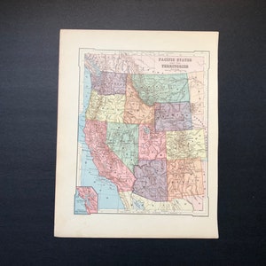 c. 1887 PACIFIC STATES • original antique map - washington oregon california montana idaho nevada utah arizona new mexico colorado wyoming