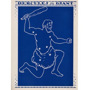 C. 1935 Litografía de la constelación de HÉRCULES EL GIGANTE • impresión vintage original • impresión de astronomía - estrellas clave del cielo - impresión celeste azul