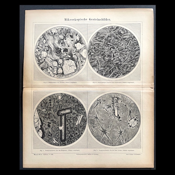 c. 1875 VOLCANIC ROCKS lithograph • original antique print • geology print • igneous rocks • lava • volcano magma under microscope  print
