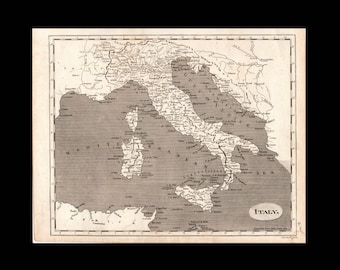 イタリアのアンティーク地図。1937年頃。89年前の歴史的版画、額装