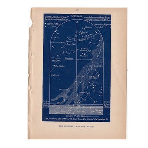 c. 1891 MARZO ESTRELLAS litografía celeste • grabado antiguo original • astronomía carta celeste litografía - Mapa del sur para marzo