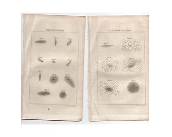 1826 年頃の STAR プリント • オリジナル アンティーク プリント • 天体 • 天文学プリント • 星団と星雲の星 • 星雲プリント • 2 枚セット