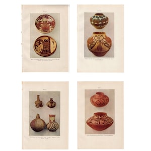 May include: A vintage print featuring four panels, each showcasing Native American pottery. The pottery includes bowls and vases with intricate designs in shades of brown, red, and cream. The print is on aged paper, adding to its antique aesthetic.