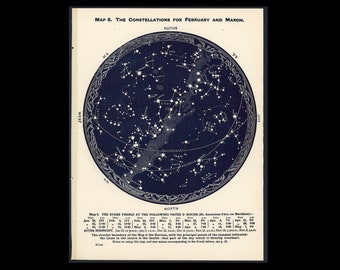 c. 1942 FEBRUARY MARCH & APRIL lithograph • original vintage print • celestial print • astronomy print • Southern Constellations