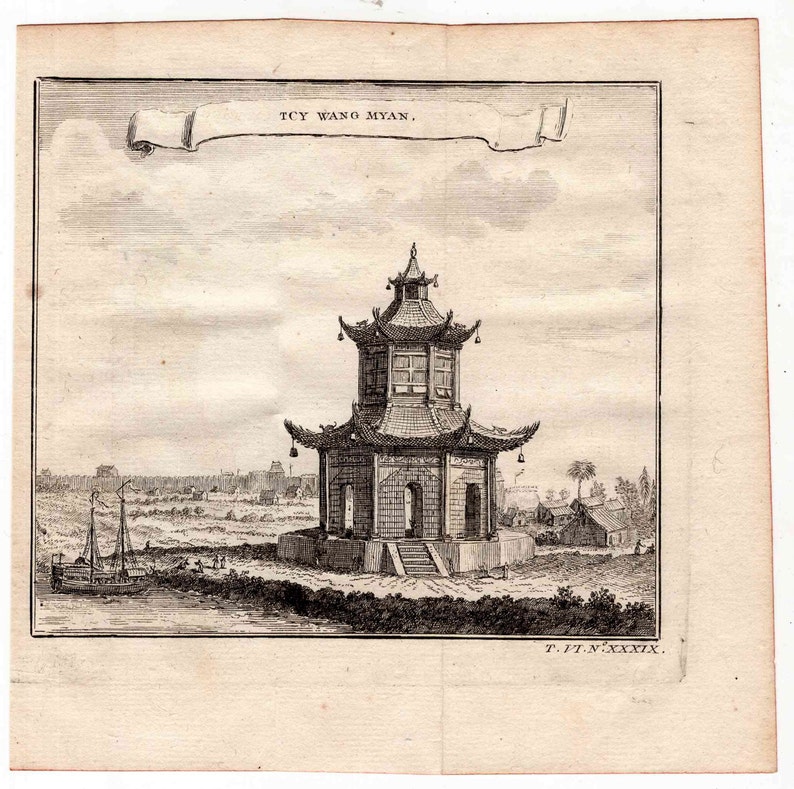 May include: A black and white engraving of a traditional Chinese pagoda with a tiled roof and multiple tiers. The pagoda is surrounded by trees and a body of water. The text "TCY WANG MYAN." is above the pagoda and "T.P.N.XXXIX." is below the pagoda.