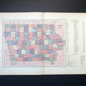 1887 iowa original antique map of united states of america