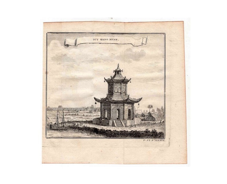 May include: A black and white engraving of a pagoda-style building with a banner above that reads "T'CY WANO MYAN."