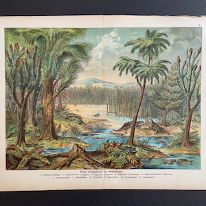 c. 1878 LARGE PREHISTORIC LANDSCAPE • original antique print • dinosaur print •  Duria Antiquior • Paleoart • Diluvial Period in Europe