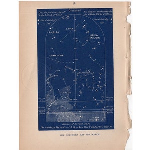 c. 1891 MÄRZ STERNE Celestial Lithographie • Original antik Druck • Astronomie Himmelskarte Lithographie - Nordkarte für März