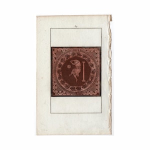 May include: An antique print featuring a detailed illustration within a decorative border. The central image, in shades of brown, depicts a figure interacting with a pillar. The print is set against a white background, with the number "37" visible at the top.