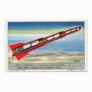c. 1960er und 1970er Jahre SATELLITEN-Lithographie – Mini-Vintage-Werbekarte – Raumschiff – Raumschiff – Raketenschiff – Weltraum • Astronomie