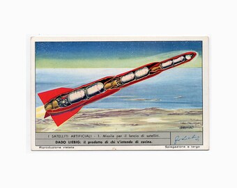 c. 1960 & 1970’s SATELLITE lithograph - mini vintage advertising card  - spaceship - spacecraft - rocket ship - outer space • astronomy