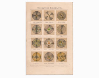 c. 1894 CHROMATIC POLARIZATION lithograph • original antique print • science print • polarization of light print • physics print •