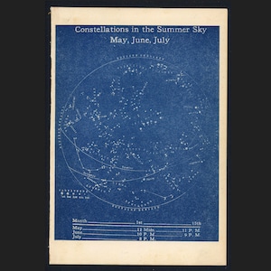 c. 1944 CONSTELACIONES DEL CIELO DE VERANO impresión • impresión vintage original • impresión astronómica • celeste azul • mapa estelar meses mayo junio julio