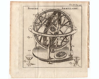 ESFERA ARMILARE grabado c. 1737 - lámina astronómica antigua original - aparato astronómico
