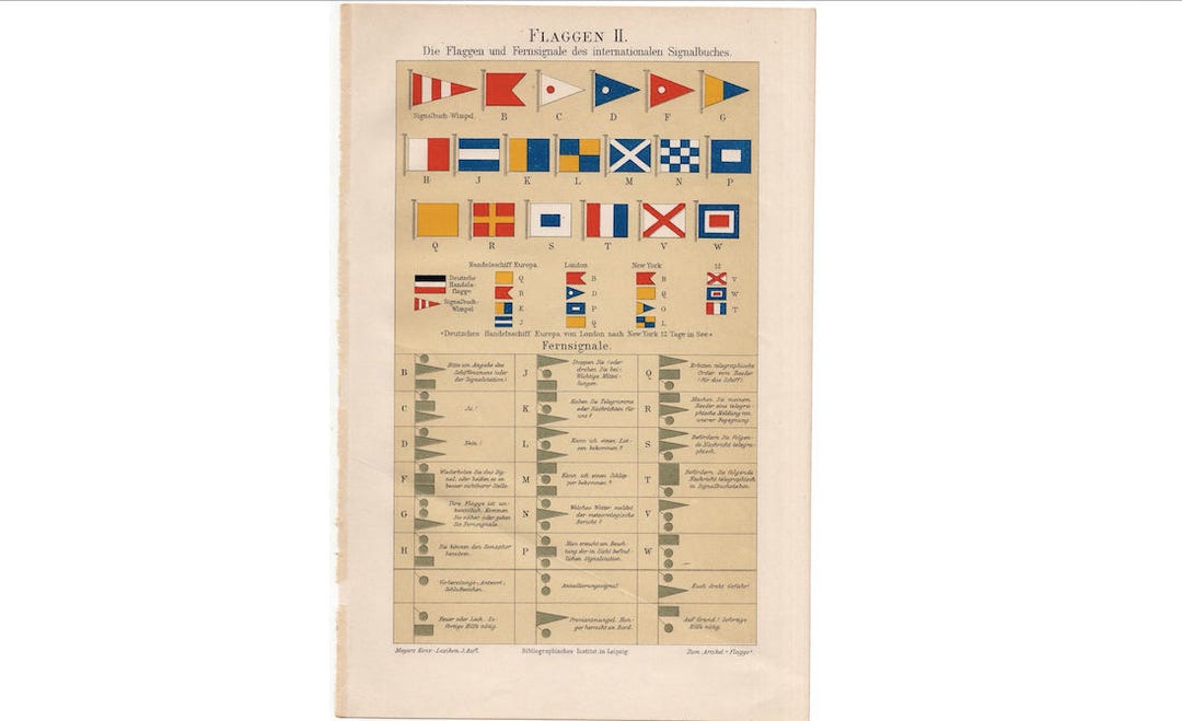 C. 1889 MARITIME SIGNAL FLAGS Print - Original Antique Lithograph ...