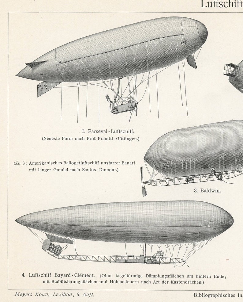 C. 1894 AIRSHIPS Lithograph - Original Antique Print - Aviation ...