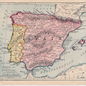 C. 1930 SPAIN or GREAT BRITAIN map - original vintage map - color lithograph - maps  of the world  - small colorful map - Ireland