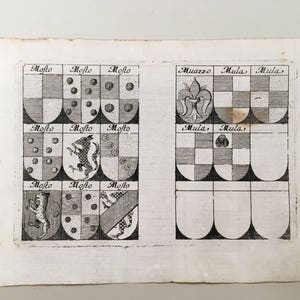 17th C. - COAT of ARMS CRESTS heraldry engraving - original antique print - Italian - family shield - heraldic achievement escutcheon - M