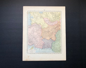 May include: A vintage map of Central Asia, showing the Russian Empire, Persia, Afghanistan, and the Arabian Sea. The map is printed on paper and has a light yellowed colour. The map is labelled "Central Asia" and "Arabian Sea".