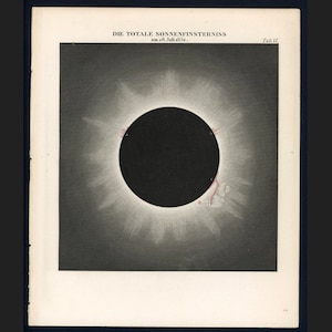 May include: A black and white illustration of a total solar eclipse. The sun's corona is visible around the dark silhouette of the moon.