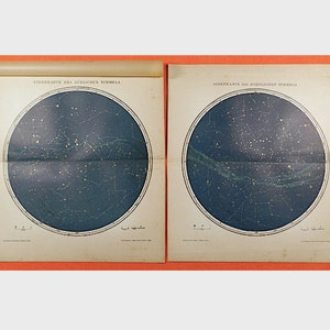 C. Litografías de STAR MAP de 1903 • conjunto de 2 grabados antiguos originales • Hemisferios norte y sur - grabados celestes - mapas de constelaciones