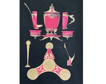 c. 1866 ANTIQUE RED VASES & bottles lithograph • rare unusual original antique hand colored print