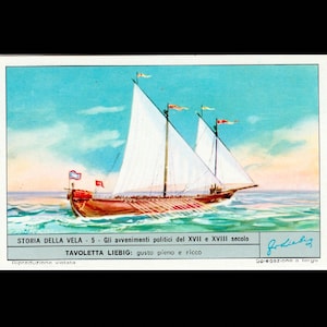 winzig! c. 1960er Jahre HISTORISCHE SEGELBOOTE Lithographie • Miniatur Werbekarte • Geschichte des Segelsports • Politik des 17. & 16. Jh.