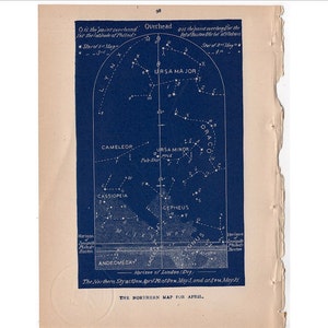 c. 1891 ESTRELLAS DE ABRIL LITOGRAFÍA CELESTE • GRABADO ANTIGUO ORIGINAL • ASTRONOMÍA CARTA CELESTE LITOGRAFÍA - Mapa del norte de abril