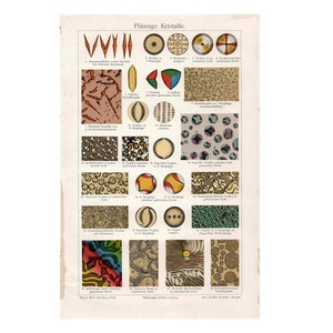 May include: A vintage scientific illustration depicting various types of liquid crystals. The image is divided into 18 sections, each showcasing a different type of crystal structure. The image is labeled in German with the title "Flüssige Kristalle" and includes descriptions of each crystal type.