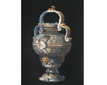 c. 1866 ANTIQUE BLUE VASE lithograph • rare & unusual original antique print - hand colored lithograph european decor