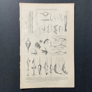 c. 1894 FISHING TACKLE print - original antique fishing print - fishing lures print - fly fishing print - fishing hooks - angler print