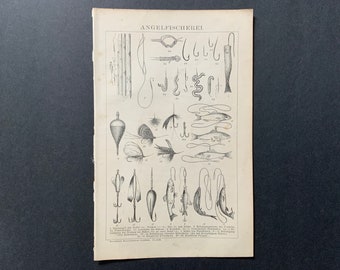 c. 1894 FISHING TACKLE print - original antique fishing print - fishing lures print - fly fishing print - fishing hooks - angler print