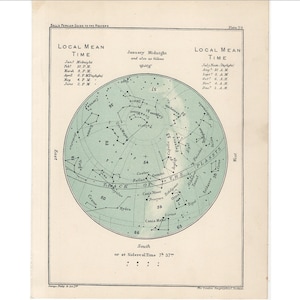 c. 1915 ENERO STAR MAPA • impresión original de la astronomía antigua • impresión celestial del mes • impresión de cumpleaños • Febrero en el reverso