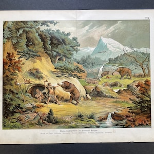 c. 1878 LARGE PREHISTORIC LANDSCAPE lithograph • original antique print • dinosaurs • Duria Antiquior • Paleoart • Diluvial period in Europe