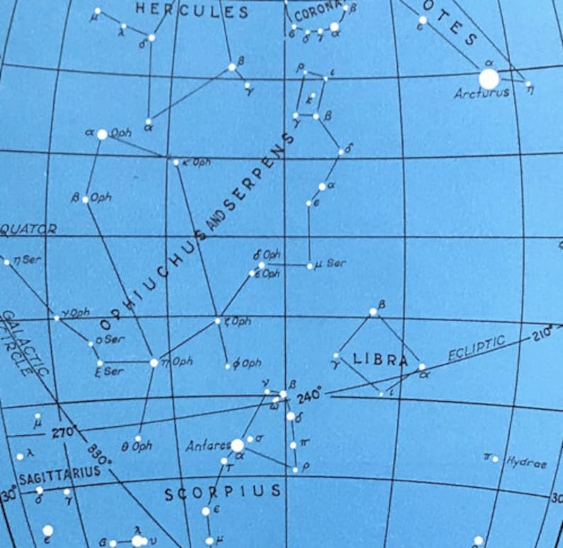 1946 STAR MAPS \u2022 set of 2 original vintage prints \u2022 blue celestial prints c map 2 /& 3 \u2022 astronomy prints \u2022 libra hercules scorpio