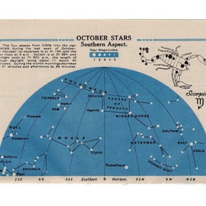 c. 1920 SCORPIO star chart lithograph ••original vintage print • celestial astronomy print •• OCTOBER stars South & NOVEMBER stars North