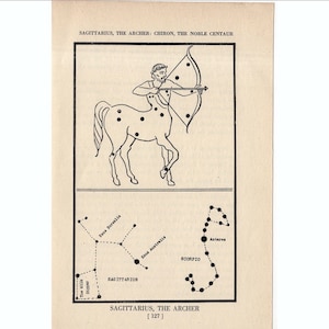 c. 1944 Sagitario - FIGURA DE CONSTELACIÓN litografía - original vintage astronomía impresión - mapa estelar - litografía celeste - el arquero