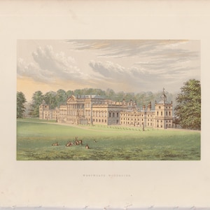 H. 1880 ENGLISH MANOR Druck • antiker Originaldruck • Architektur Druck • Herrenhaus • Schloss und Schloss • Wentwork Woodhouse Druck