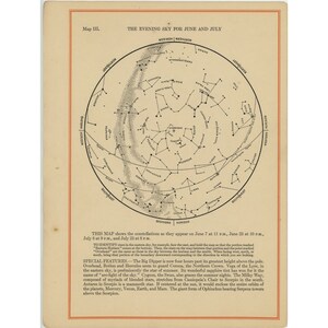 STAR MAP c. 1926 • Cielo nocturno en junio y julio • impresión original de astronomía vintage • mapa de constelación • mapa celeste • Mapas mensuales