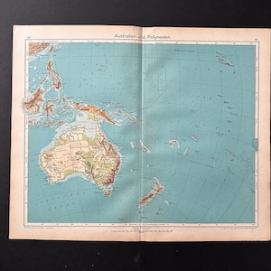 c. 1908 AUSTRALIA & POLYNESIA MAP • original antique print • map of the World • Eastern Hemisphere map • Asia map • Indian Ocean