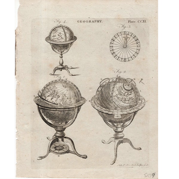 c. 1771 GLOBES engraving - original antique print • geography print - Encyclopedia Britannica print - celestial globe - terrestrial globe