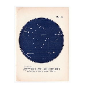 C. 1944 GEMINI & TAURUS - Litografía de mapa de estrellas de constelación de Canis Minor - impresión vintage original - tabla de astronomía celestial de las estrellas