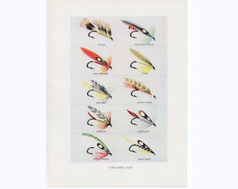 c. 1970 STREAMER FLIES lithograph • original vintage print • fly fishing print • Orvis • gift for angler print • fly tying print