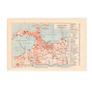 C. 1894 ALEXANDRIA KAART - originele antieke print - kaart van de haven van Egypte - Egypte print - Middellandse Zee - Nijl print
