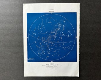 May include: A blue star chart showing the constellations visible in the night sky during January. The chart is labelled "Chart 1 January" and includes the text "For the time January 12 from 8 to 10 p.m. January 1, 9, 11 p.m. January 31, 7, 9 p.m. For a later hour see Chart 2. For an earlier hour see Chart 12."