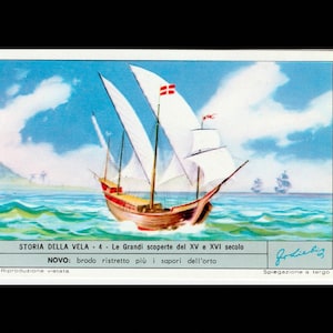 winzig! c. 60er Jahre HISTORISCHE SEGELBOOTE Lithographie • Miniatur Werbekarte • Geschichte des Segelsports • Entdeckungen des 15. & 16. Jh