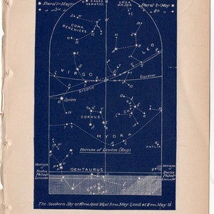 c. 1891 MAYO ESTRELLAS litografía celestial • impresión antigua original • litografía del mapa del cielo astronómico - Mapa del sur para mayo