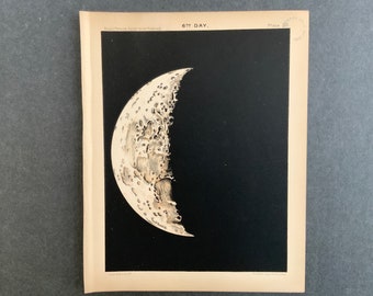 c. 1910 MOON PHASE day 6 - original antique print - lunar phases - full moon - crescent & gibbous moon print • astronomy print • lunar cycle